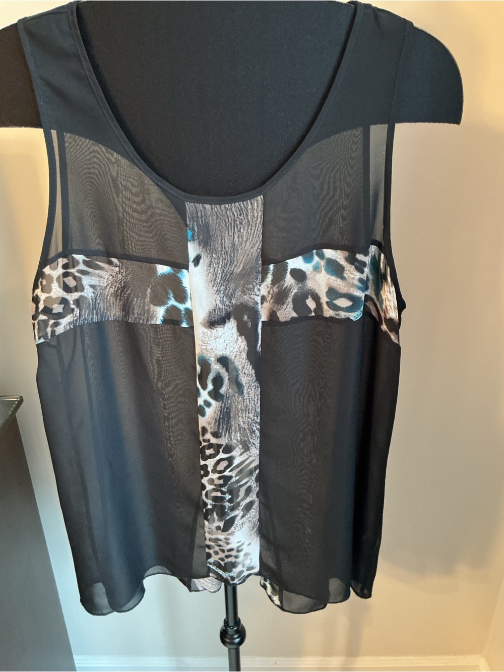 Double Zero Black Sheer Camisole with Animal-Print Cross
